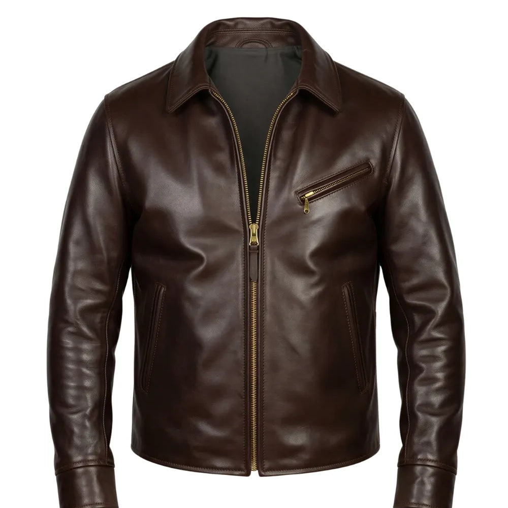 A dark brown leather jacket with a front zipper, a zippered chest pocket, and a pointed collar, shown against a plain white background.