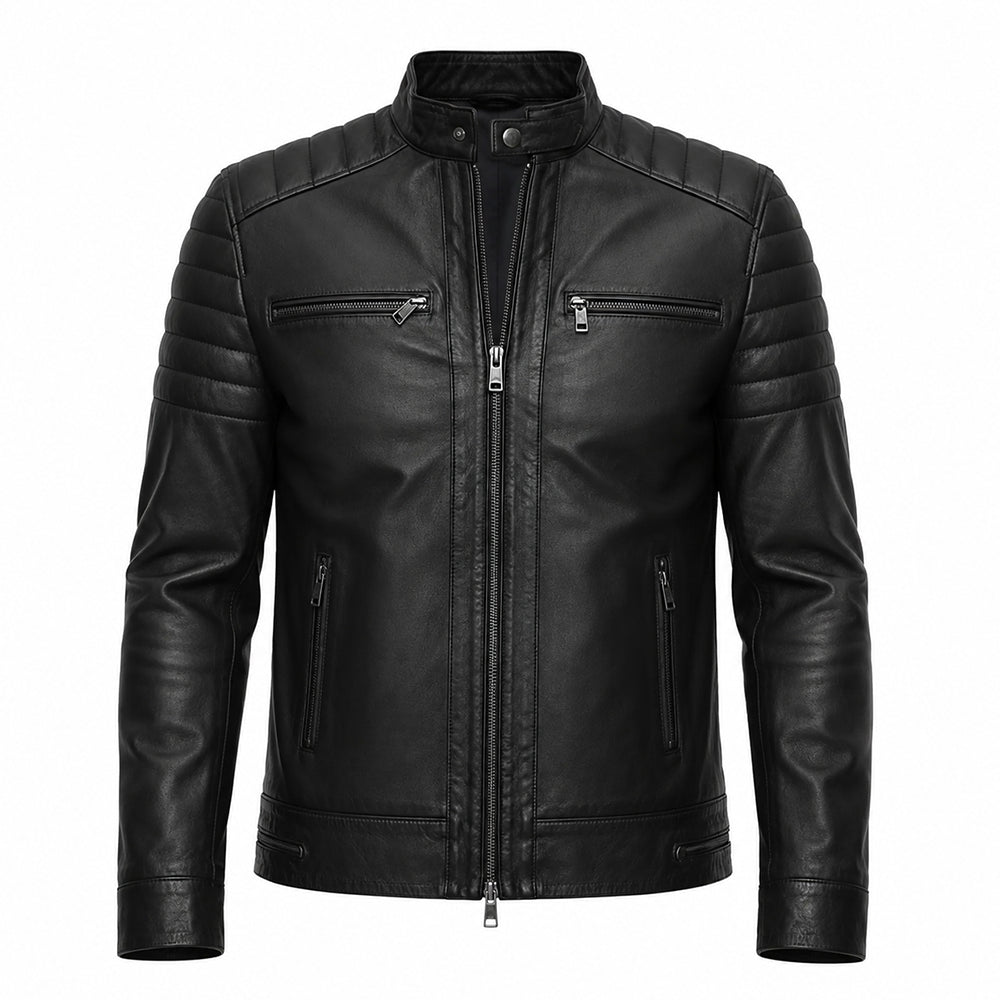 A black faux leather biker jacket with a stand-up collar, full front zipper, and multiple zippered pockets, shown on a plain white background.
