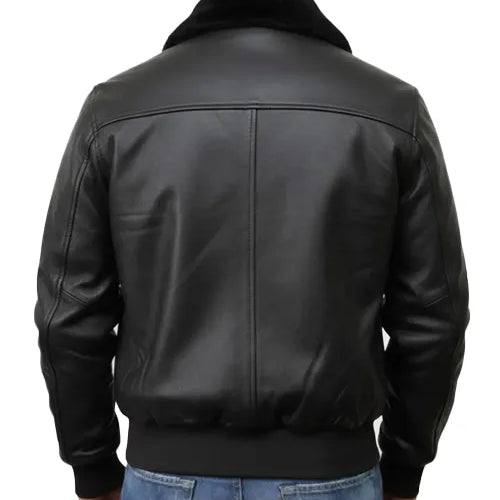 Men's Black Leather Jacket with Fur Collar – Genuine Sheepskin Bomber Style