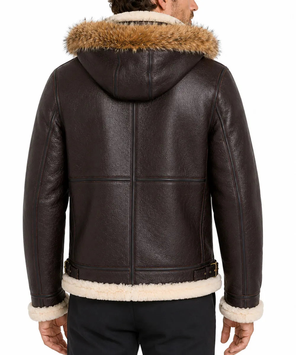 Back view of a men's hooded sheepskin bomber jacket in brown with a classic flight jacket silhouette