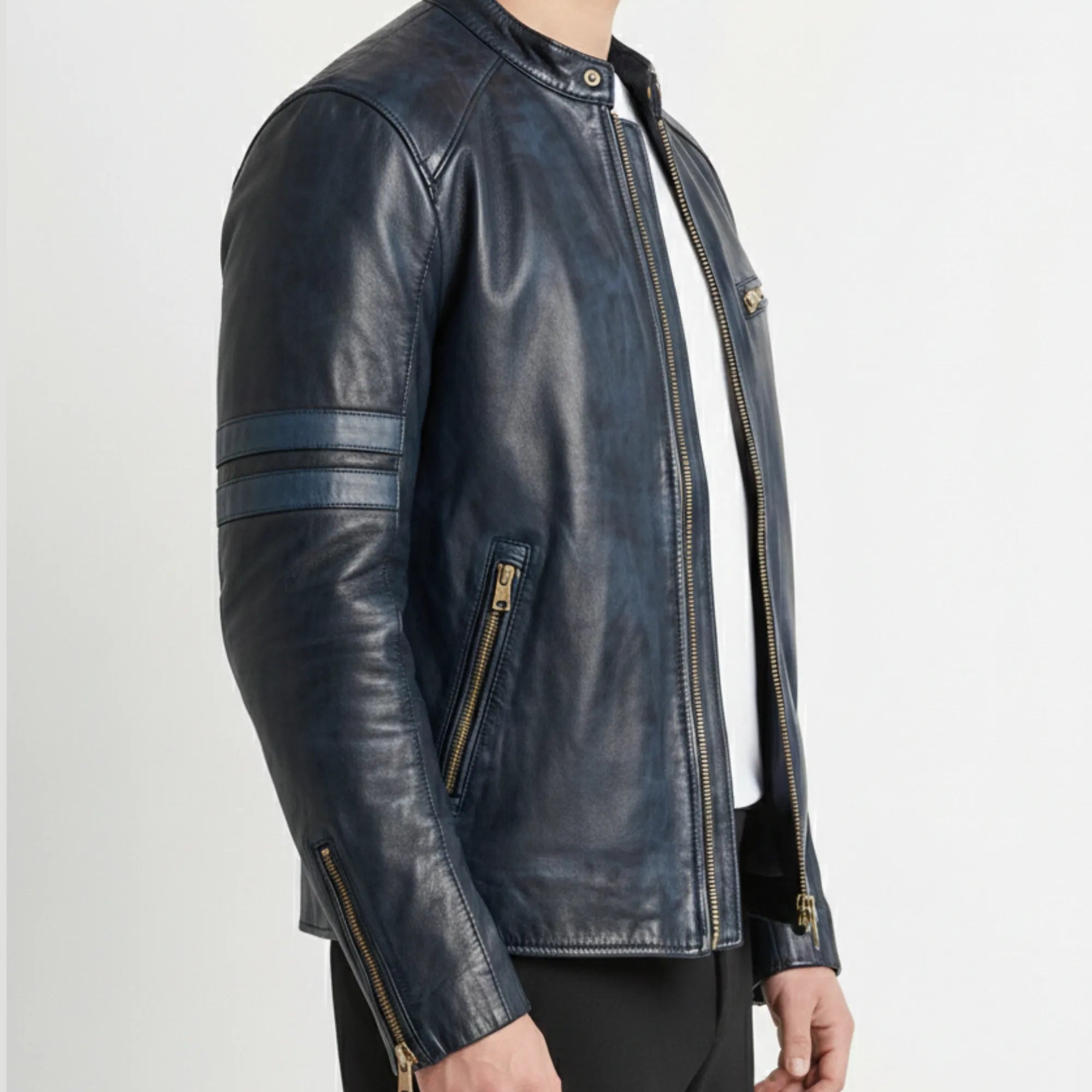 Men’s Black Cafe Racer Leather Jacket – Slim Fit Genuine Leather