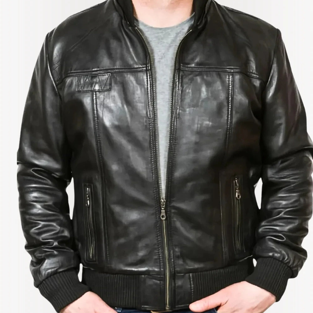 Men’s Leather Bomber Jacket with Hood – Slim Fit Black