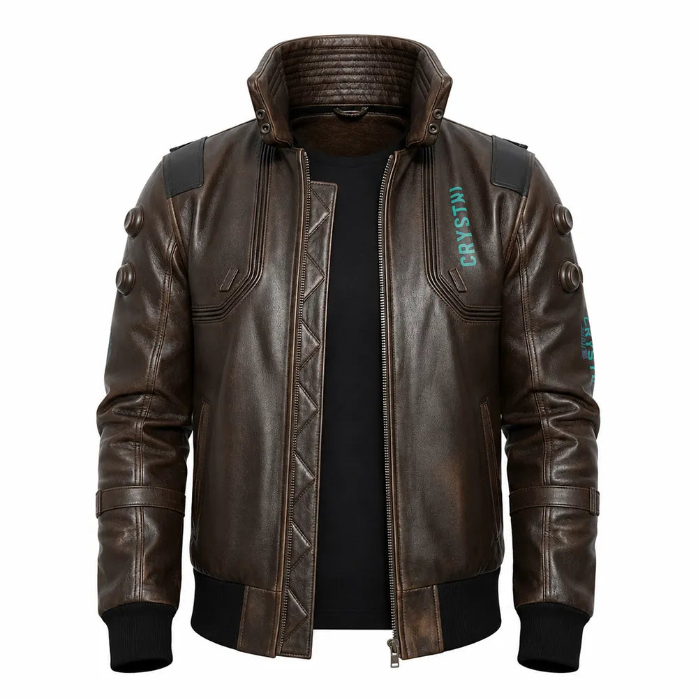 A dark brown faux-leather bomber jacket with a high collar, black ribbed cuffs and hem, and teal text graphics reading 'CRYSTAL' on the chest and sleeve, shown on a white background.