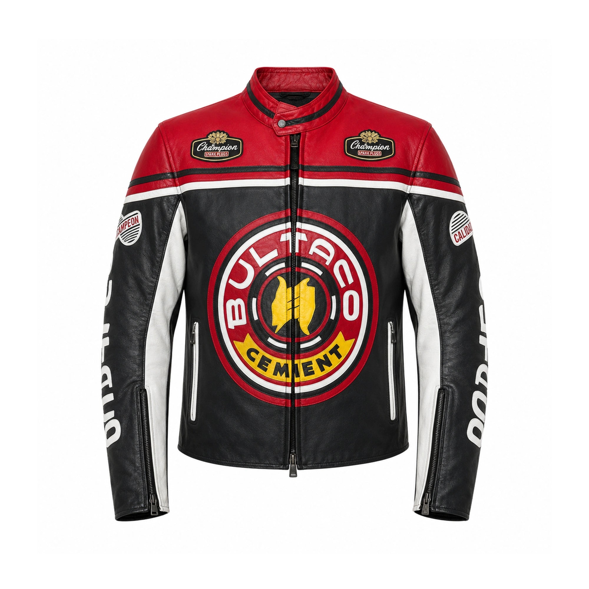 A black leather motorcycle jacket featuring a bold red and white racing-inspired design, with a large circular 'Bulteraco Cement' logo on the chest and 'Bulteraco' printed vertically on the sleeves.