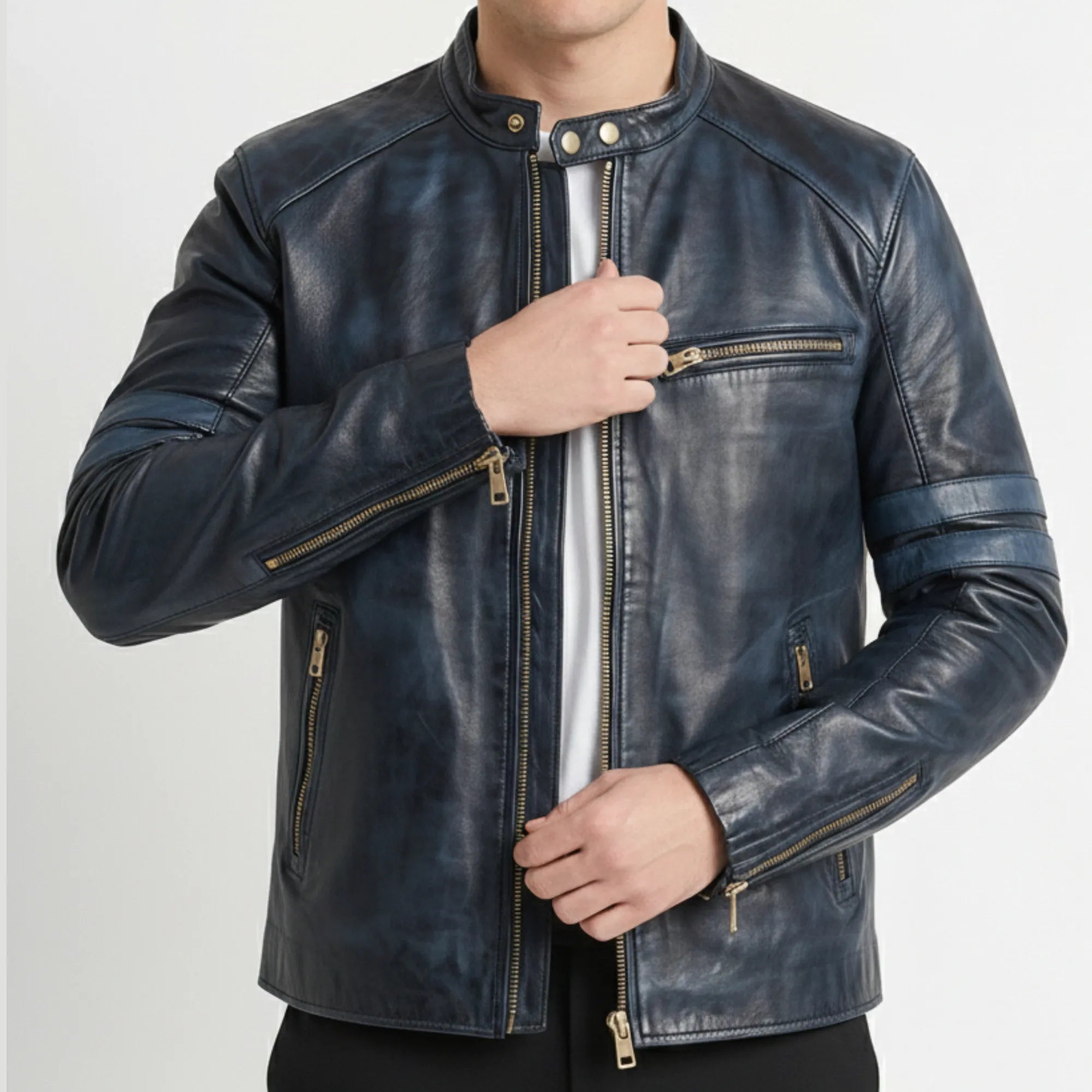 Men’s Black Cafe Racer Leather Jacket – Slim Fit Genuine Leather