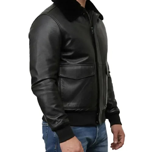 Men's Black Leather Jacket with Fur Collar – Genuine Sheepskin Bomber Style