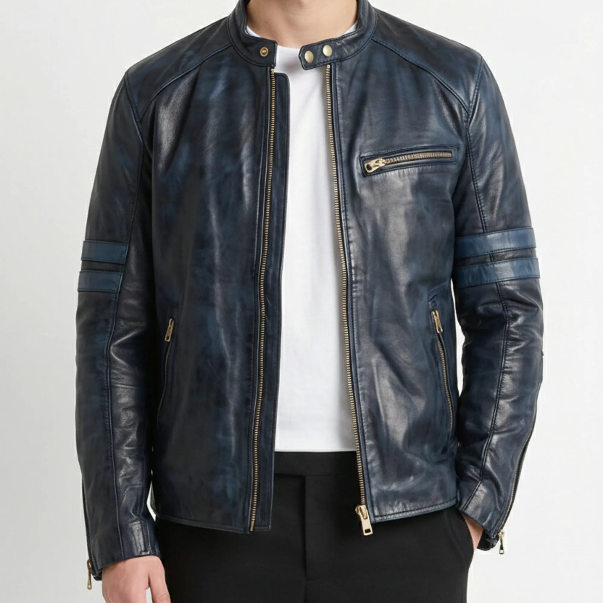 Men’s Black Cafe Racer Leather Jacket – Slim Fit Genuine Leather