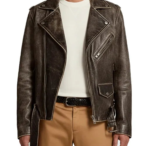 Austin Butler Distressed Brown Leather Bomber Jacket