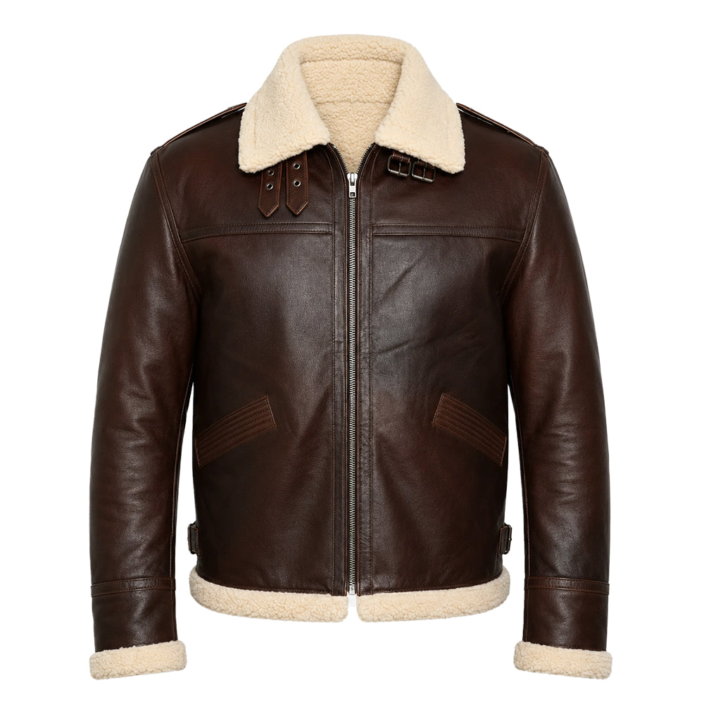A dark brown leather aviator jacket with a cream-colored shearling lining on the collar, cuffs, and hem, displayed against a solid white background.