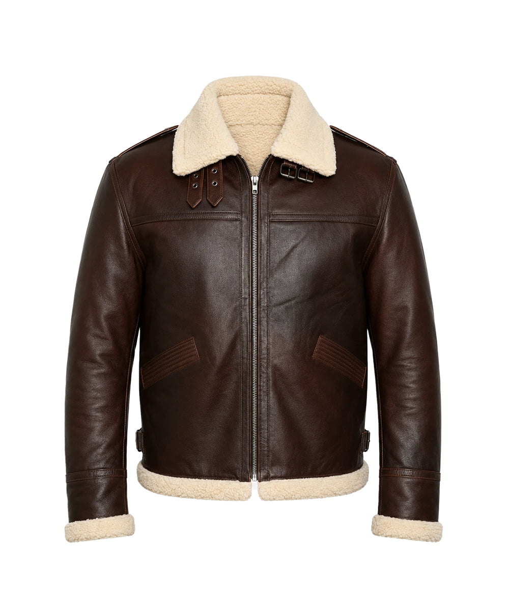 A dark brown leather aviator jacket with a cream-colored shearling lining on the collar, cuffs, and hem, displayed against a solid white background.