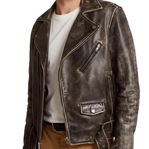 Austin Butler Distressed Brown Leather Bomber Jacket