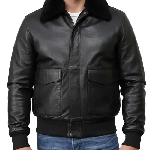 Men's Black Leather Jacket with Fur Collar – Genuine Sheepskin Bomber Style