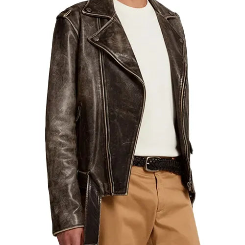 Austin Butler Distressed Brown Leather Bomber Jacket