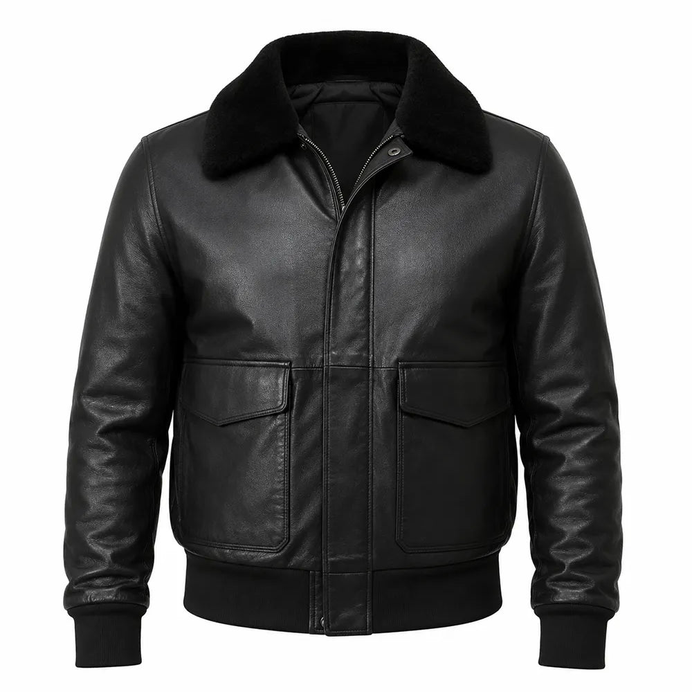Men's Black Leather Jacket with Fur Collar – Genuine Sheepskin Bomber Style