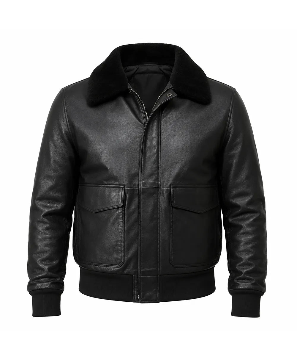 Men's Black Leather Jacket with Fur Collar – Genuine Sheepskin Bomber Style