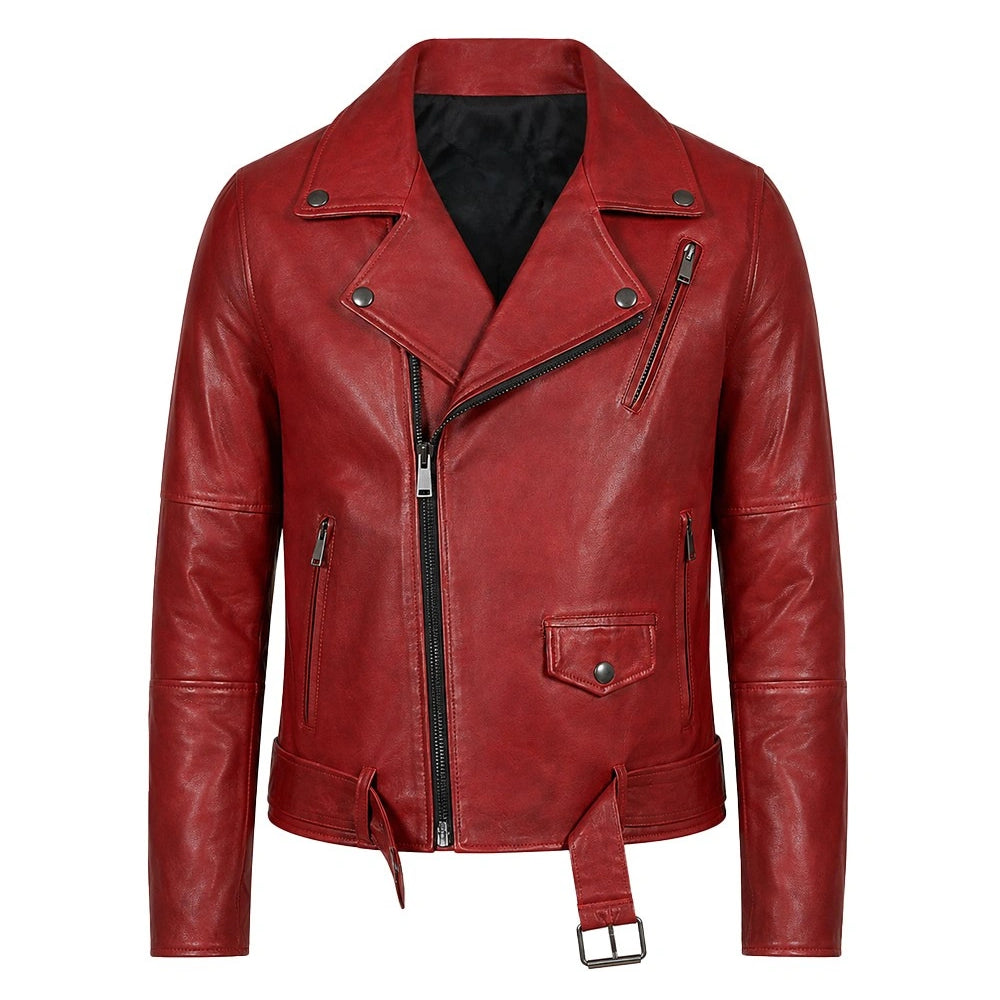 A red leather biker jacket with an asymmetrical zipper, zippered pockets, and a belted hem, shown on a plain white background.