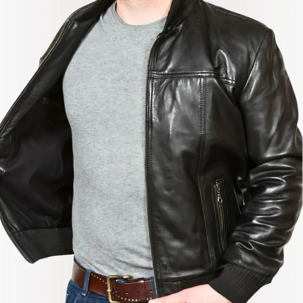 Men’s Leather Bomber Jacket with Hood – Slim Fit Black