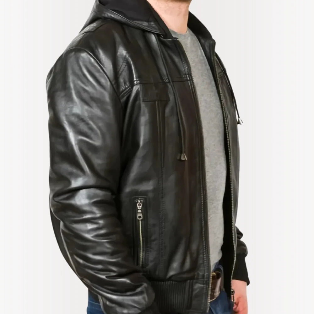Men’s Leather Bomber Jacket with Hood – Slim Fit Black
