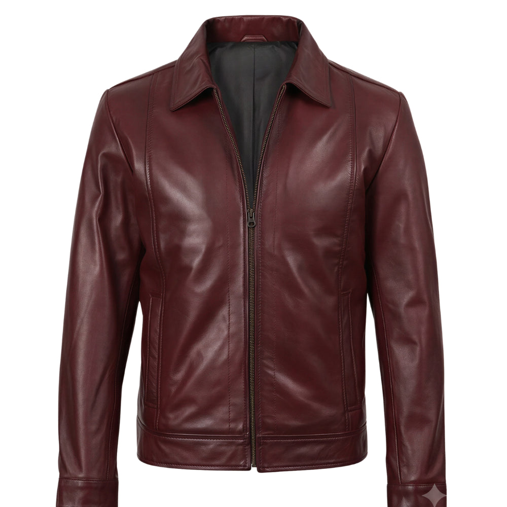 A men's dark harrington collar burgundy leather jacket with a front zipper, stand collar, and ribbed hem and cuffs, shown against a plain white background.