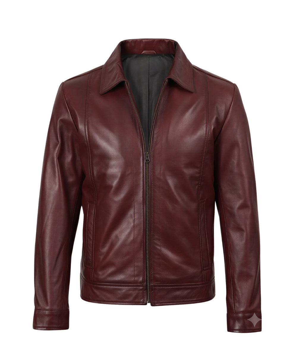 A men's dark harrington collar burgundy leather jacket with a front zipper, stand collar, and ribbed hem and cuffs, shown against a plain white background.