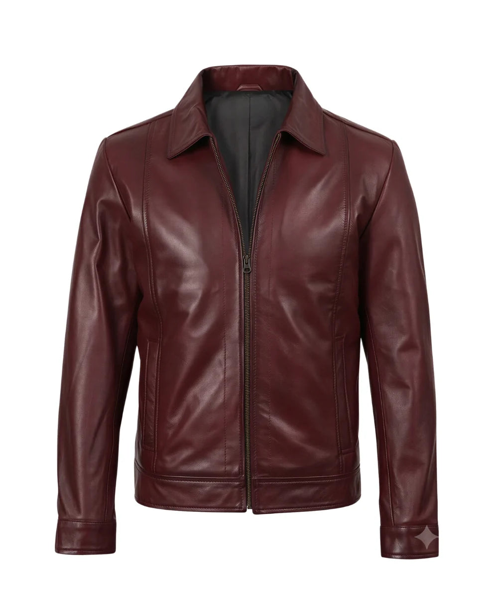 A men's dark harrington collar burgundy leather jacket with a front zipper, stand collar, and ribbed hem and cuffs, shown against a plain white background.