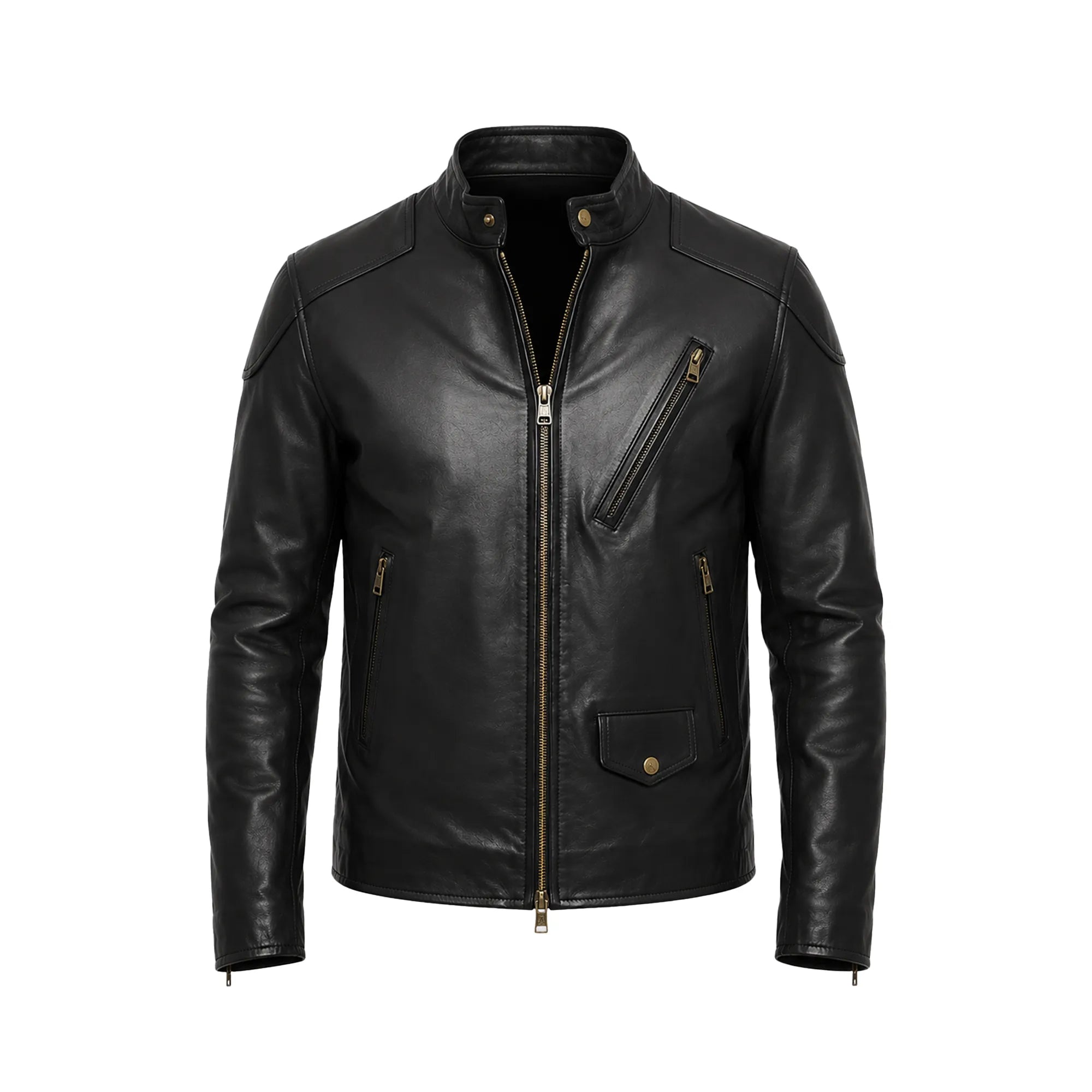 A black leather biker jacket with gold-tone hardware, featuring a stand-up collar, full front zipper, diagonal chest zip pocket, and lower flap pocket, shown on a plain white background.
