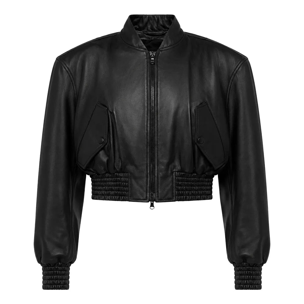 Women's Cropped Leather Bomber Jacket - Black Classic