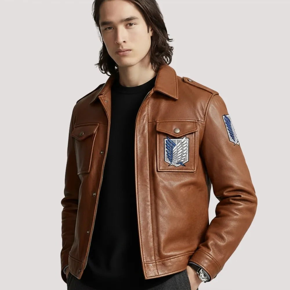 Attack on Titan Jacket for Men – Brown Leather Bomber Style