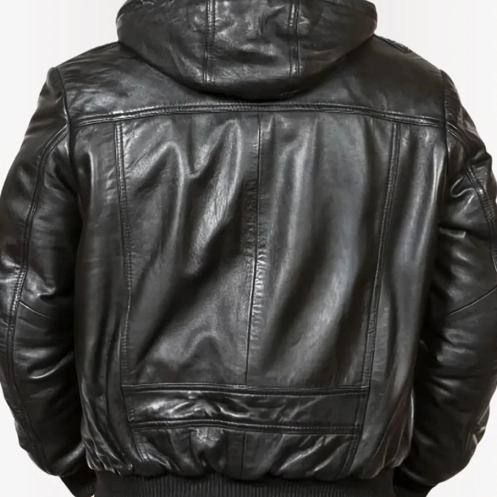 Men’s Leather Bomber Jacket with Hood – Slim Fit Black