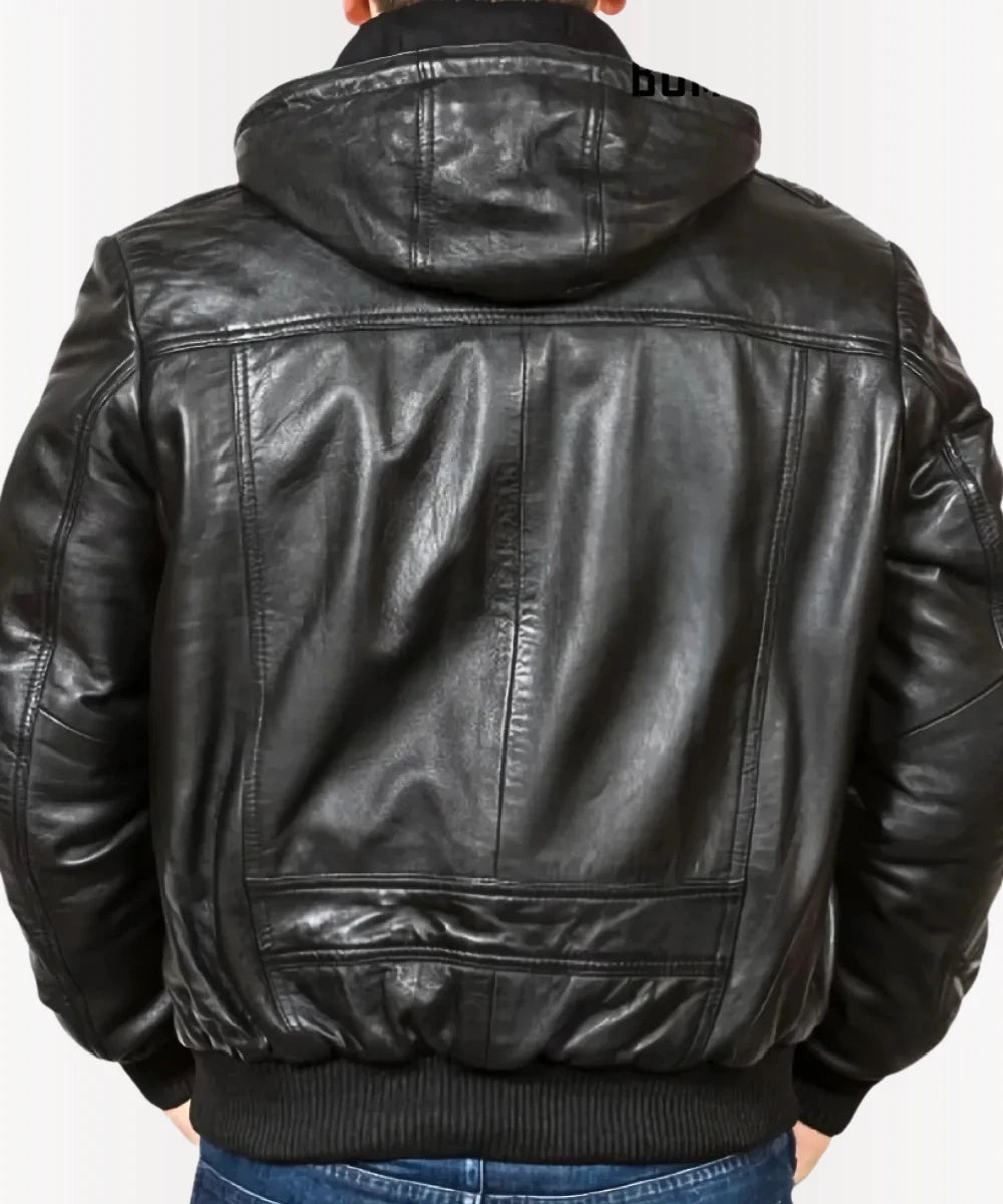 Men’s Leather Bomber Jacket with Hood – Slim Fit Black