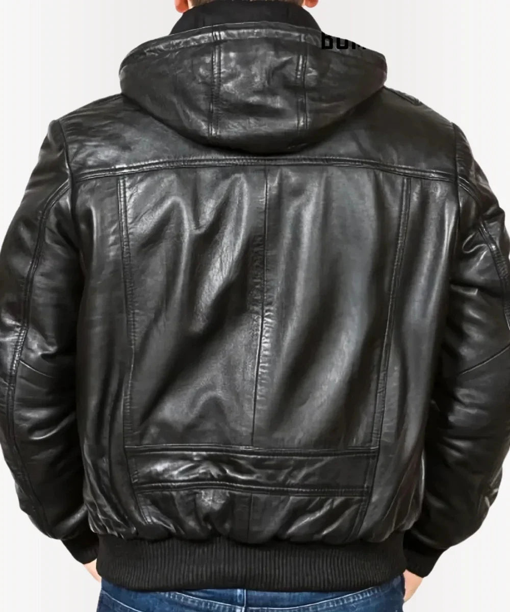 Men’s Leather Bomber Jacket with Hood – Slim Fit Black