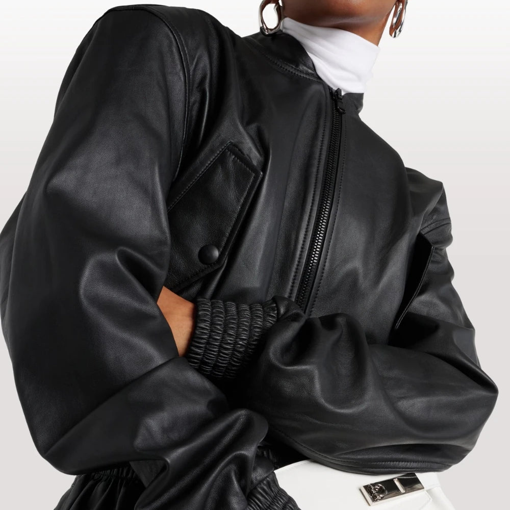 Women's Cropped Leather Bomber Jacket - Black Classic