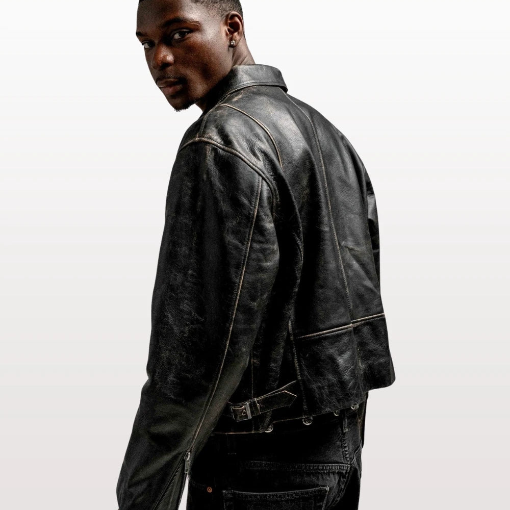 Mens Vintage Distressed Leather Jacket - Jet Black