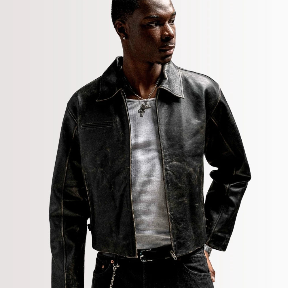 Mens Vintage Distressed Leather Jacket - Jet Black