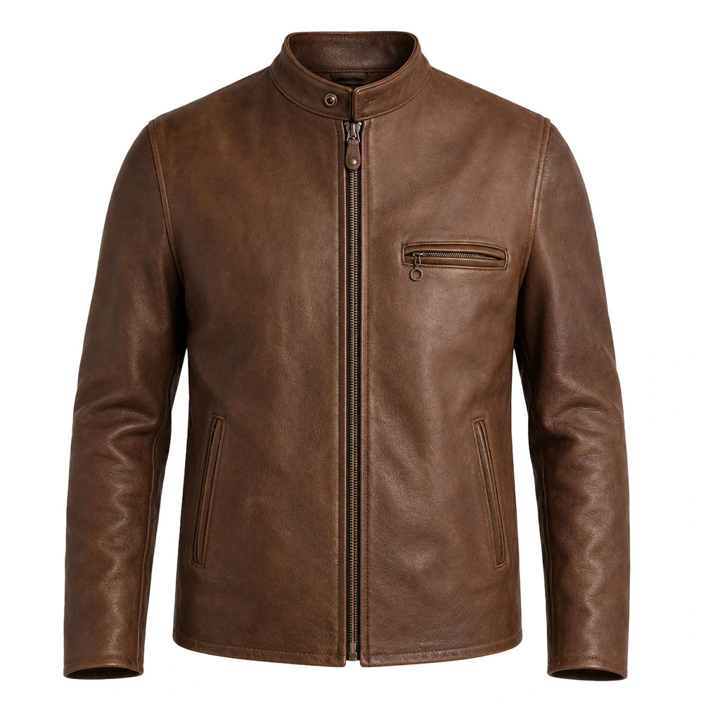 Heritage Brown Cafe Racer Leather Jacket crafted from premium genuine cowhide leather