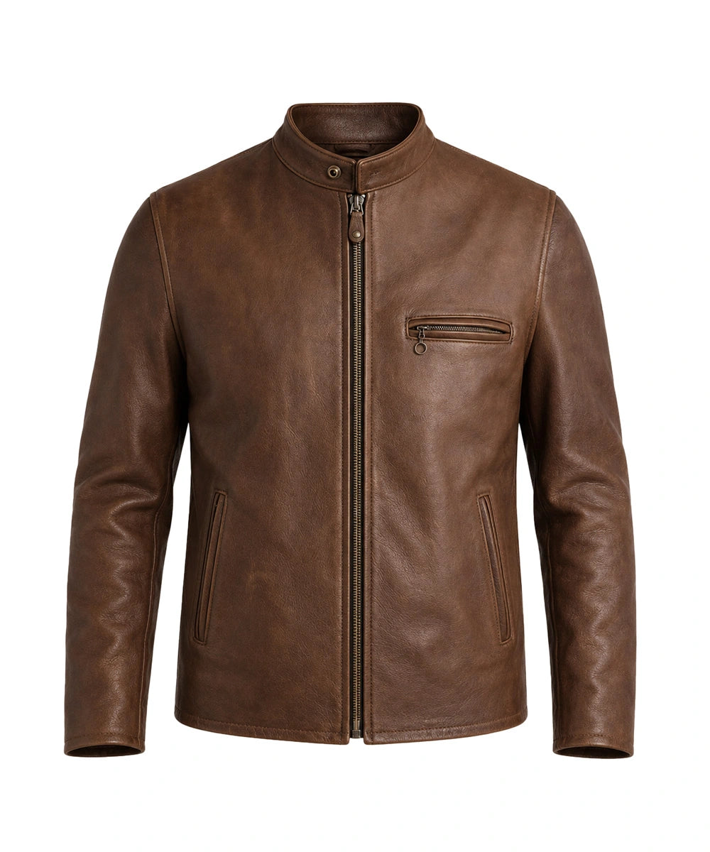 Heritage Brown Cafe Racer Leather Jacket crafted from premium genuine cowhide leather