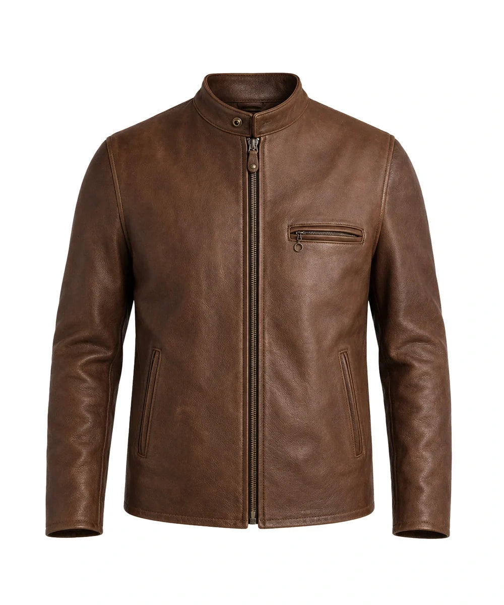 Heritage Brown Cafe Racer Leather Jacket crafted from premium genuine cowhide leather