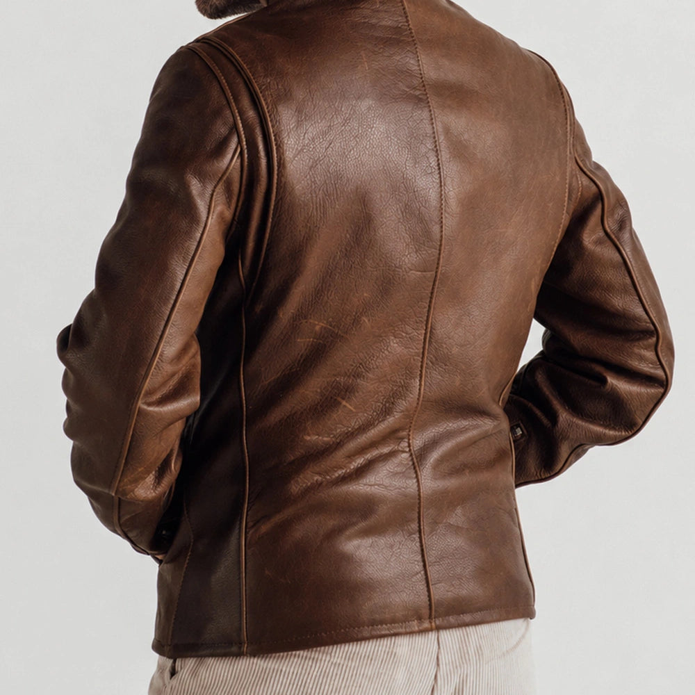 Brown cafe racer leather jacket featuring a tailored fit and minimalist motorcycle style