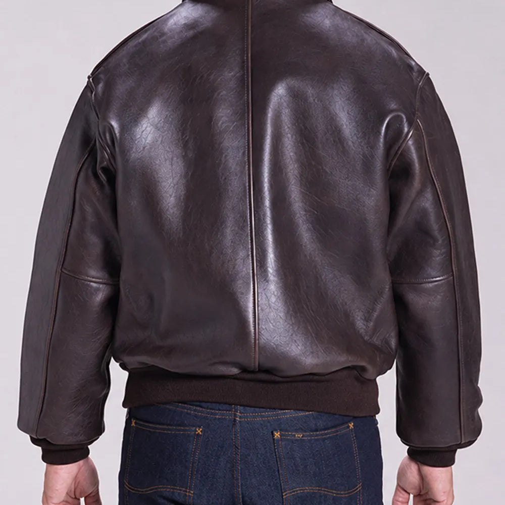 Brown leather flight bomber jacket crafted from genuine cowhide leather with a classic military-inspired A-2 design