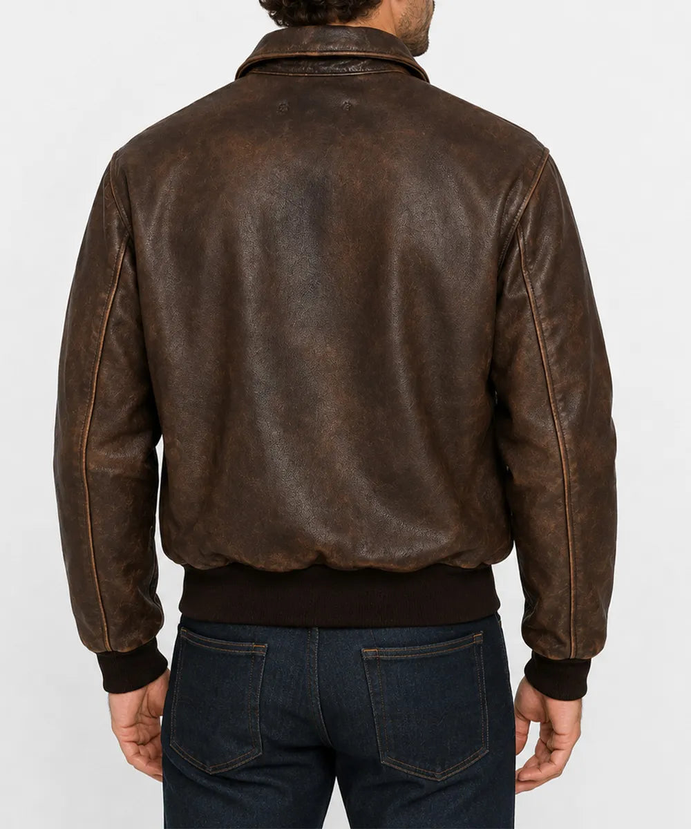Interior lining of a men's leather flight jacket showing its inner pocket