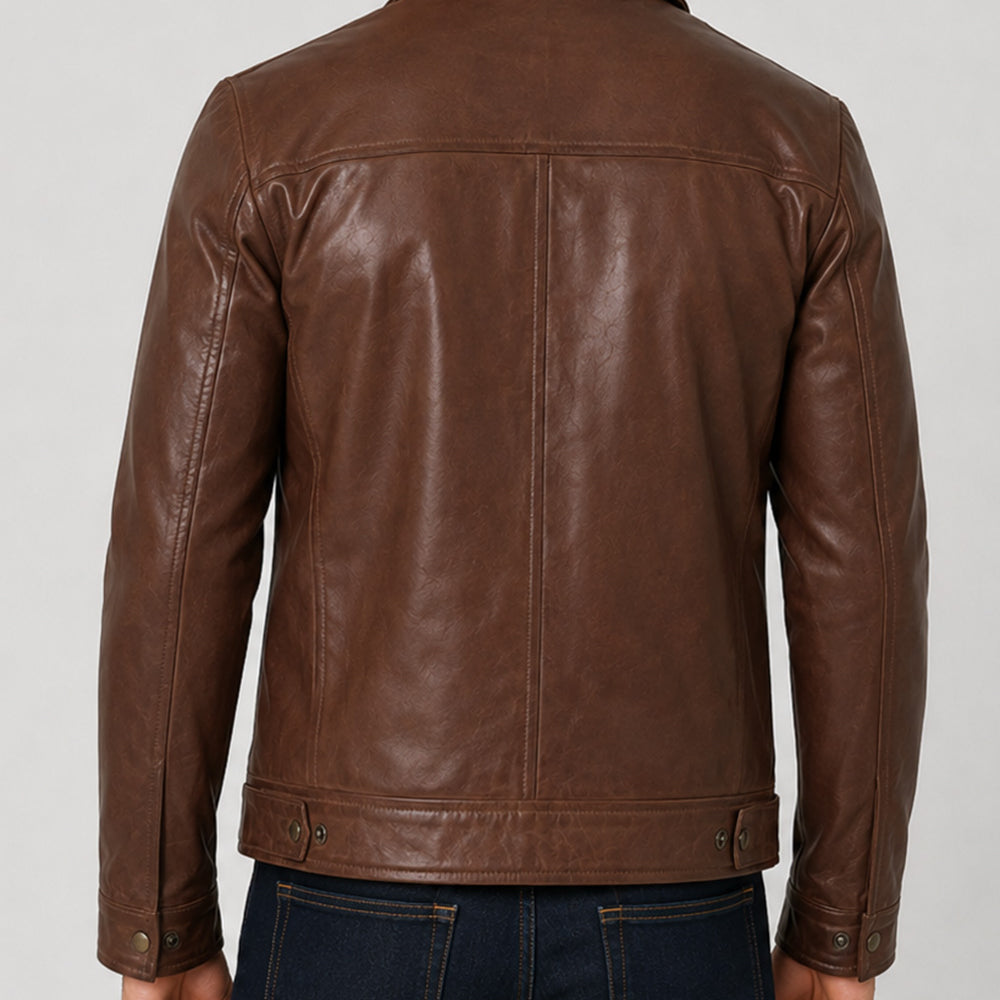 Back view of men's brown leather Harrington jacket