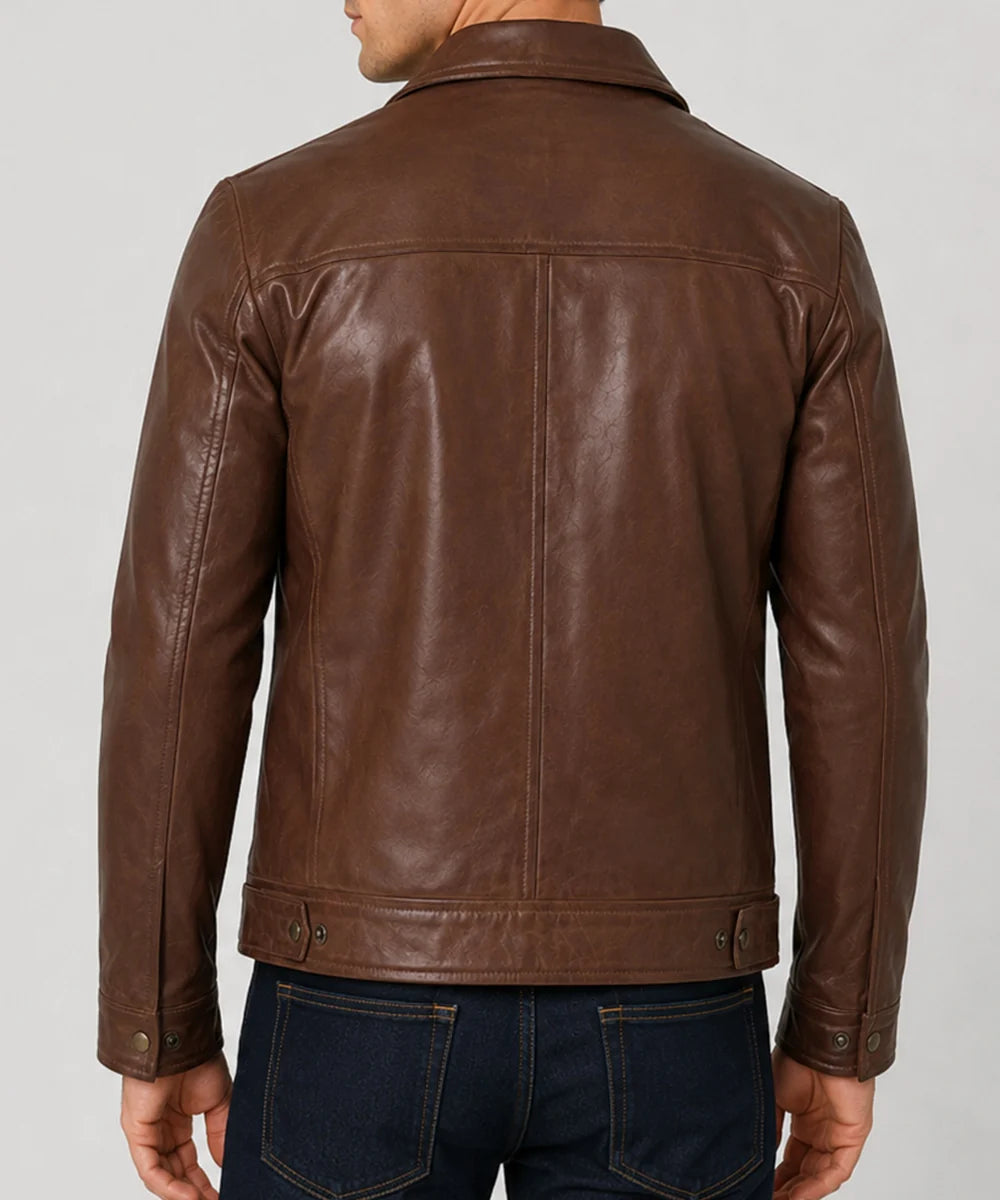 Back view of men's brown leather Harrington jacket
