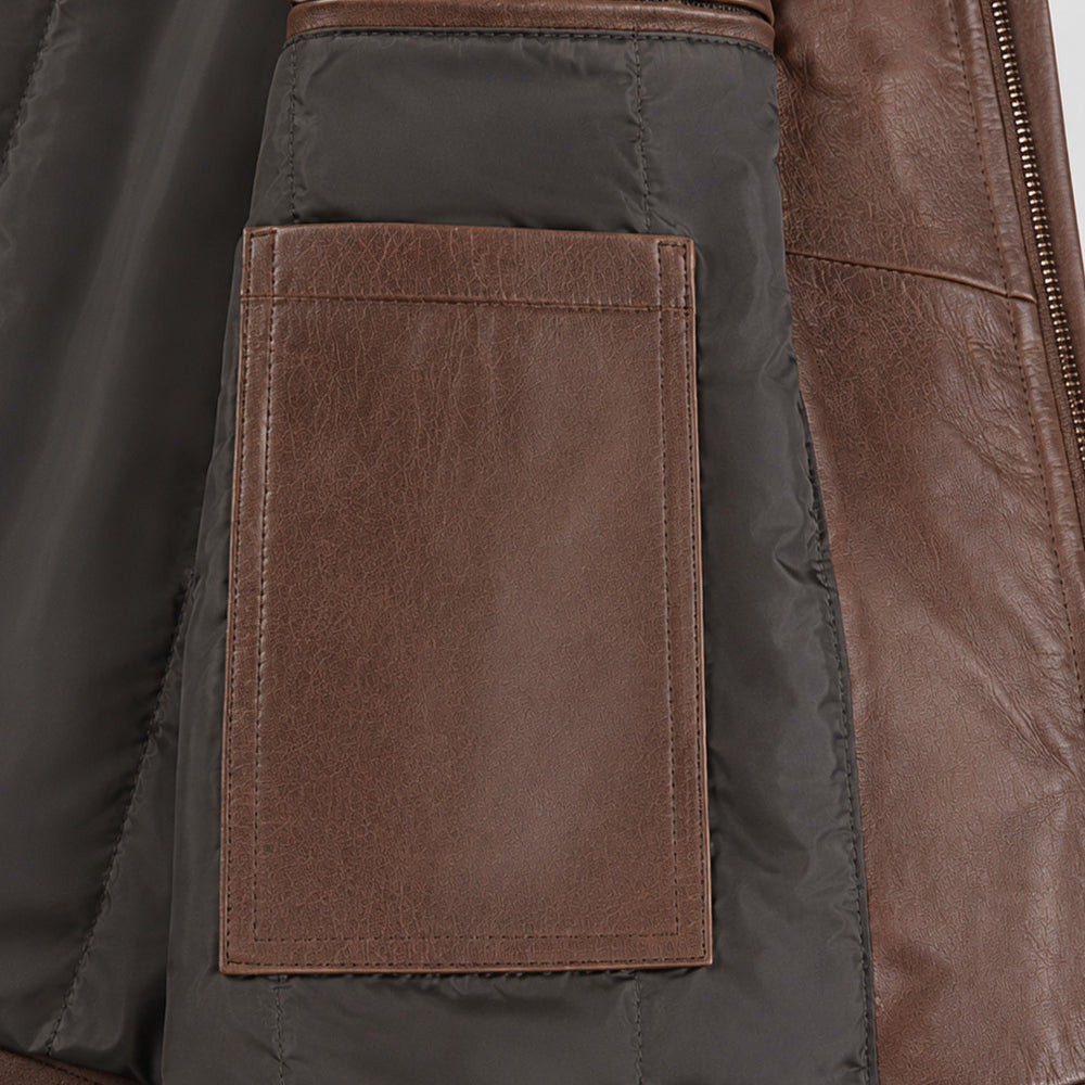 Side view of brown leather Harrington jacket with shirt collar
