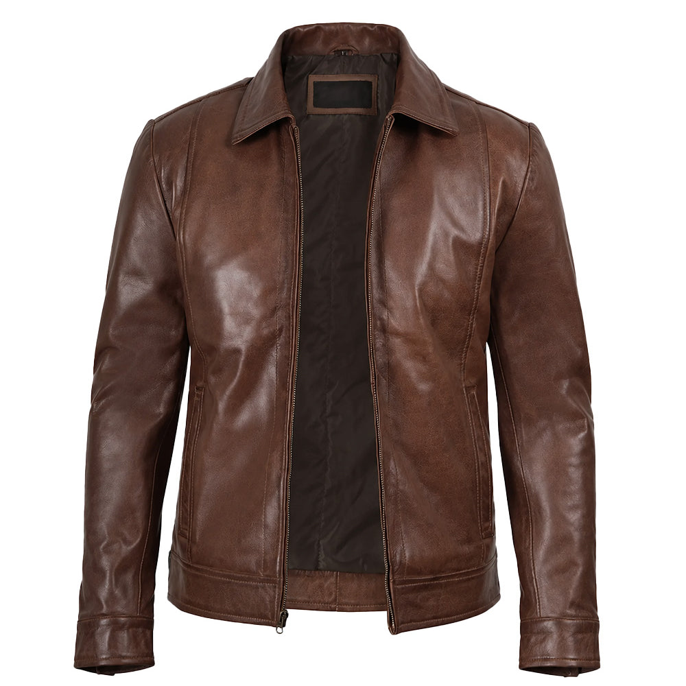 Brown leather Harrington jacket for men in real leather