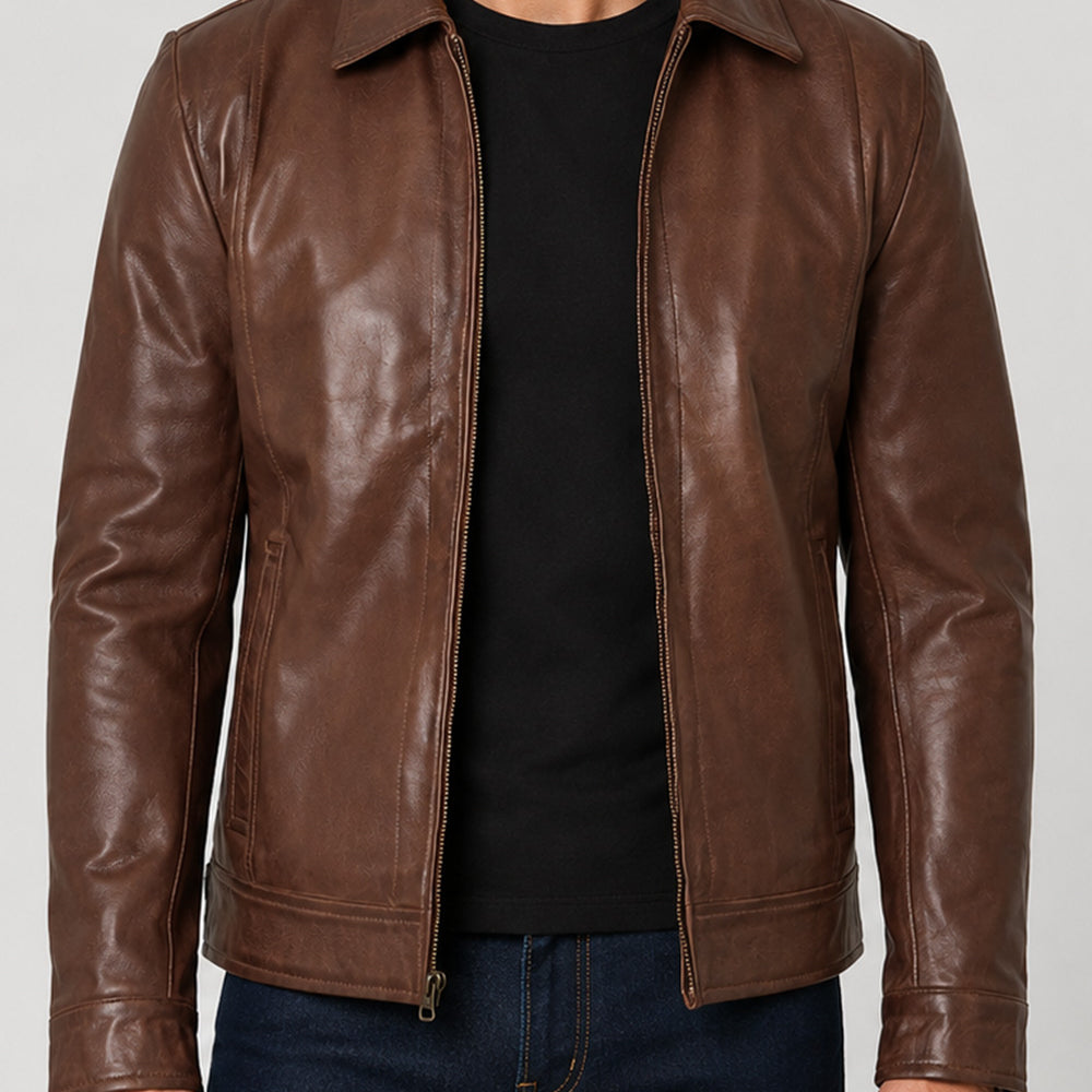 Men's brown leather Harrington jacket with adjustable snap cuffs