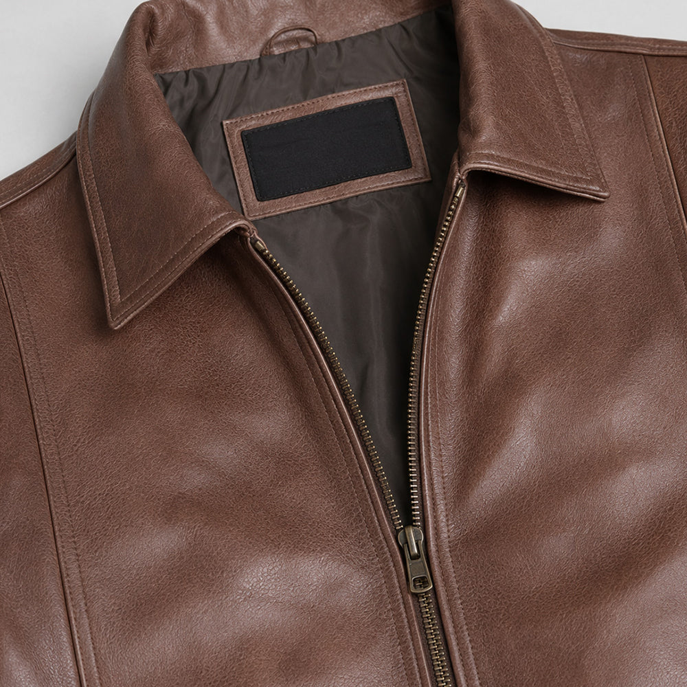 Brown leather Harrington jacket with exterior and interior pockets