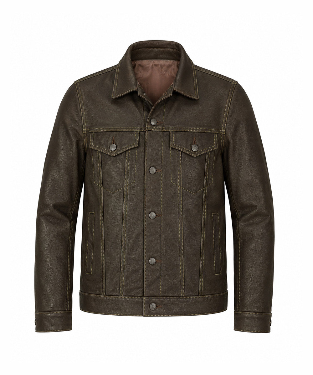 A dark brown leather jacket with a classic collar, button-up front, and two buttoned chest pockets, shown against a plain white background.