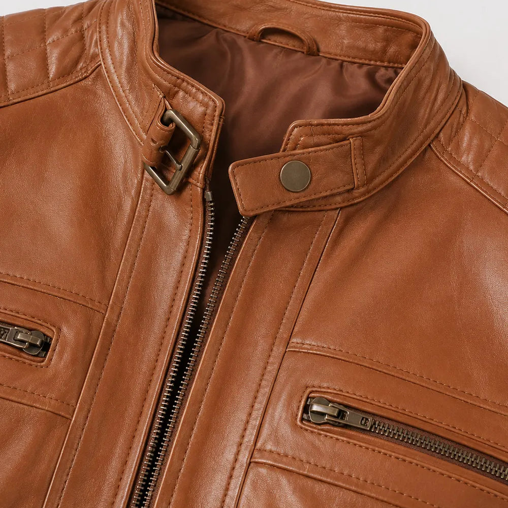 Camel leather jacket with front zip closure and pockets