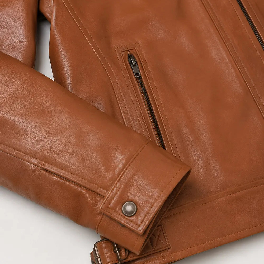 Genuine lambskin camel leather jacket material detail