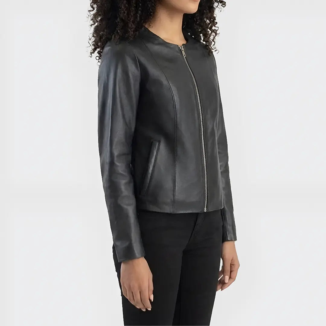 Women's Black Collarless Leather Jacket